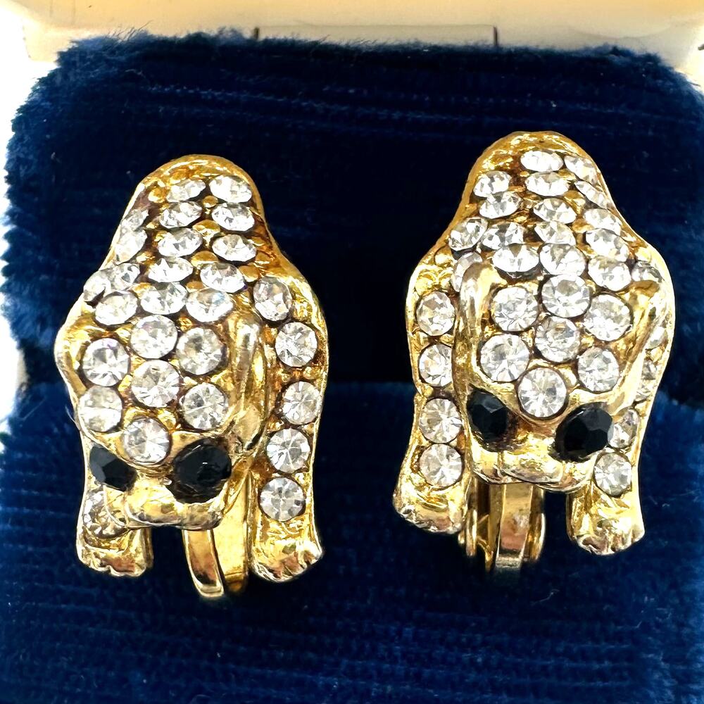 AD signed vintage gold tone clear black rhinestones big cat clip on earrings